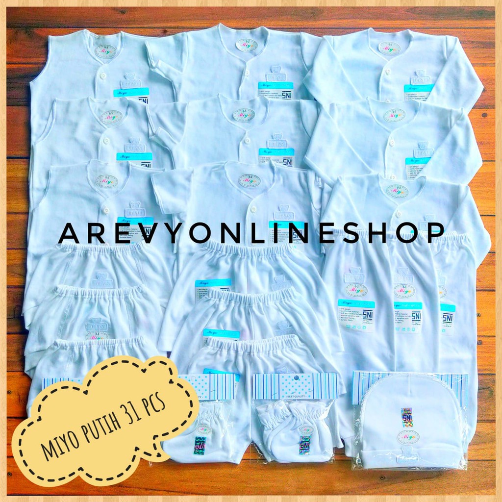 Paket Baju Bayi Newborn Miyo Putih  isi 31 pcs Perlengkapan Bayi - Gift Set Paket Lahiran Setelan Baju Bayi Celana Bayi Baru Lahir Baju Panjang Celana Panjang Baju Pendek Celana Pendek Baju Kutung Celana pop Sarung Tangan Bayi Kaos Kaki Bayi STK