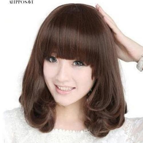 Wig brown panjang poni rambut palsu sedang cosplay tebal