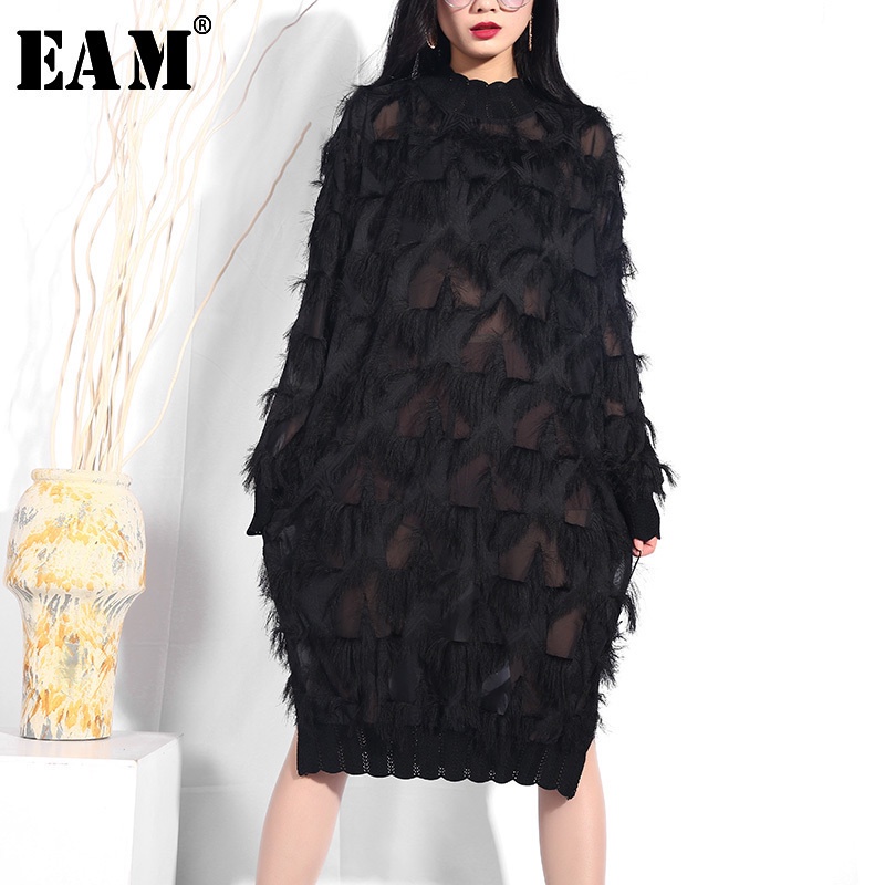 [EAM] 2022 New Spring Autumn Stand Collar Long Sleeve Black Perspective Split Joint Big Size Dress W