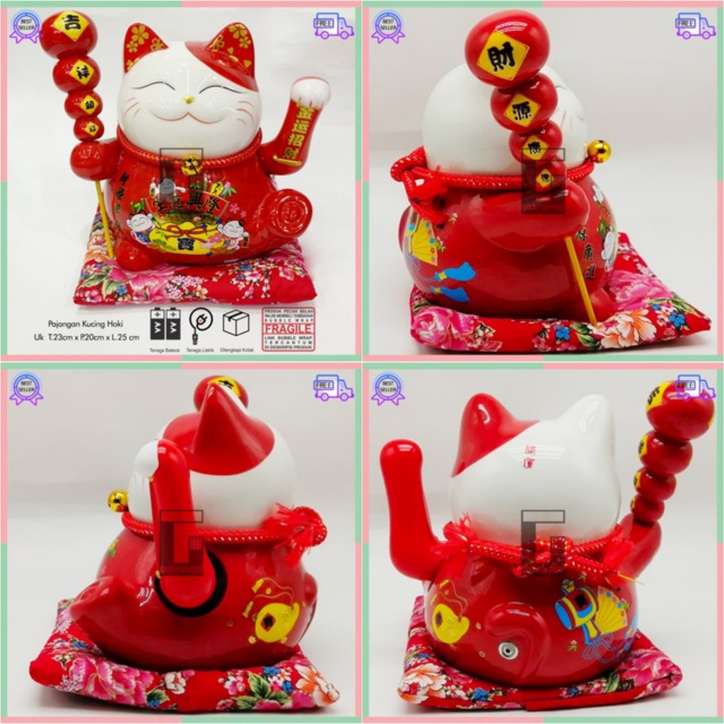 Boneka Pajangan Patung Kucing Hoki Rejeki Lucky Cat Maneki Neko Keramik Cina Baterai Tangan Gerak