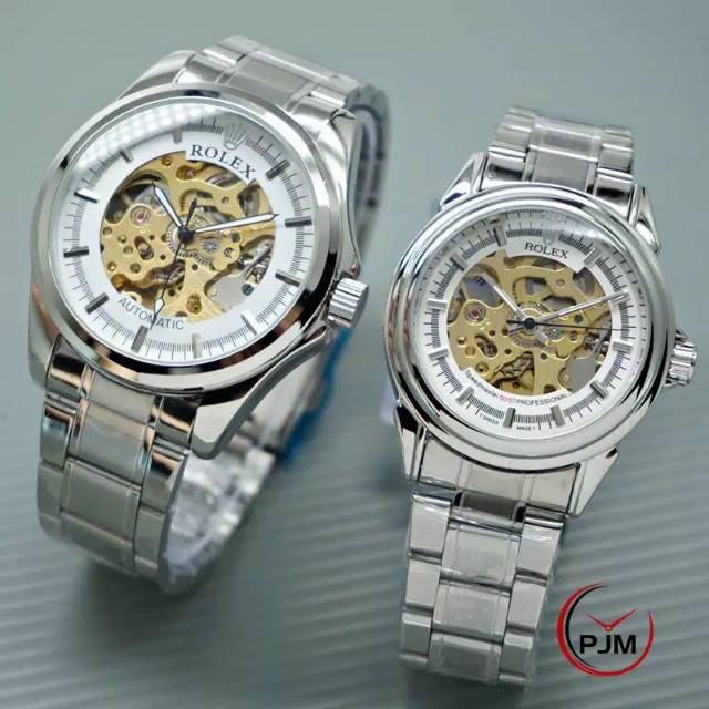 Jam Tangan Rolex Couple Automatic Skeleton Transparan Otomatis Matic rantai