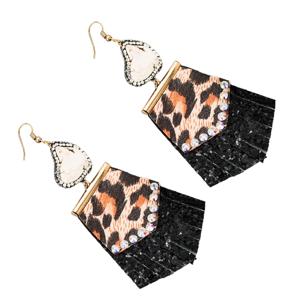 Hu Hu Hu Hu Hu Alat Bantu Pasang Kacamata♡ 1 Pasang Anting Kait Rumbai Motif Print Leopard Bahan Kulit Tiruan Aksen Berlian Imitasi Untuk Wanita