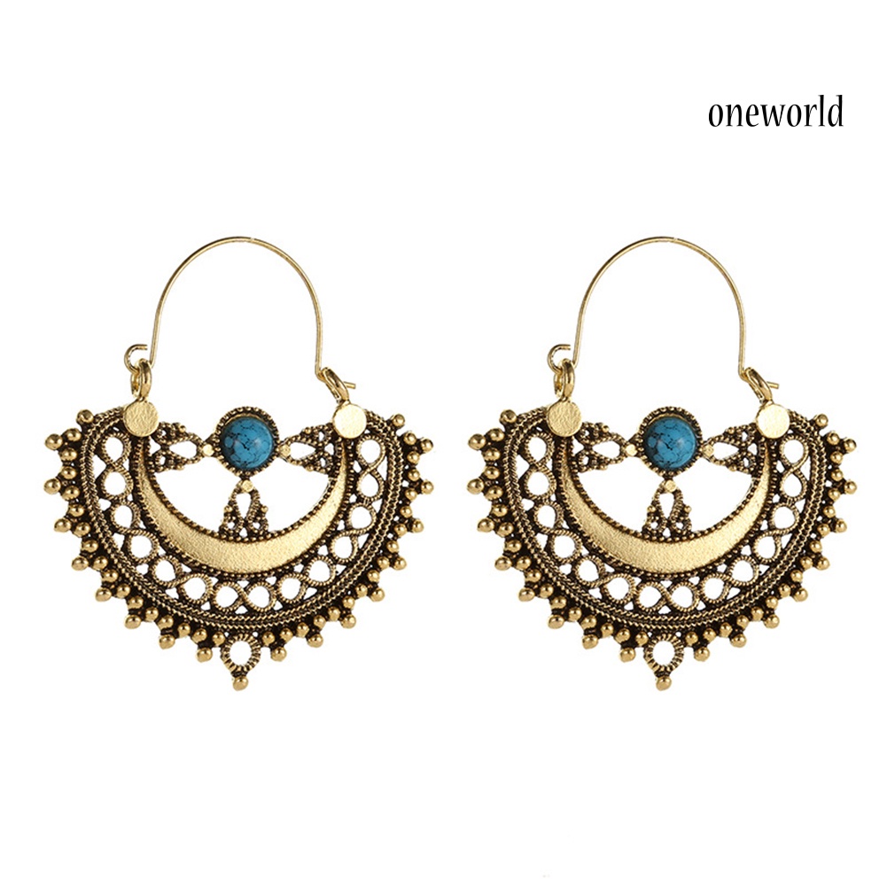 OW@ Ethnic Hollow Pattern Artificial Turquoise Chandelier Dangle Earrings Women Gift