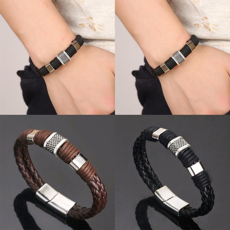 Gelang Bahan Kulit Alloy Warna Hitam Coklat Ukuran 21cm Untuk Pria