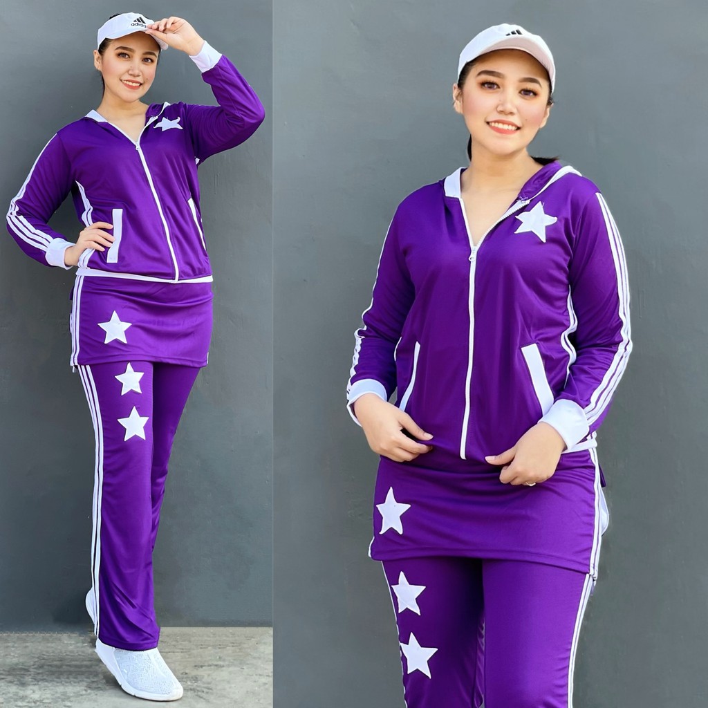 Baju Senam Gym Stelan Olahraga Panjang Hijab Muslim Rok Bintang Ungu List Putih
