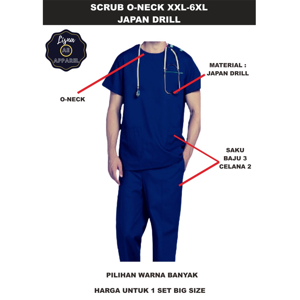 Baju Jaga Medis Doctor Scrub OKA APD Kerah O-Neck Japan Drill XXL-6XL