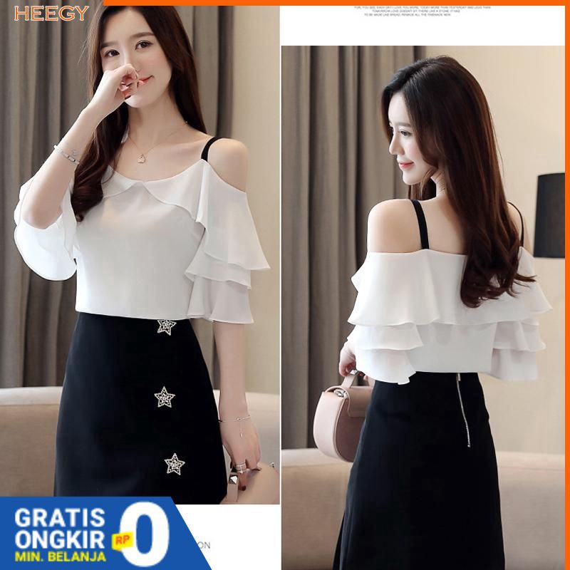 Blouse Wanita Casual Lengan Pendek Off Shoulder Bahan Sifon Aksen Ruffle Import Gaya Korea