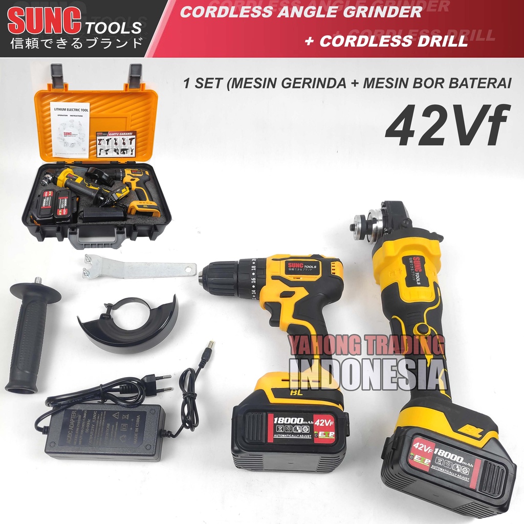 PAKET Mesin Gerinda Baterai Cordless Angle Grinder + Mesin Bor Baterai Cordless Drill 42VF SUNC TOOLS