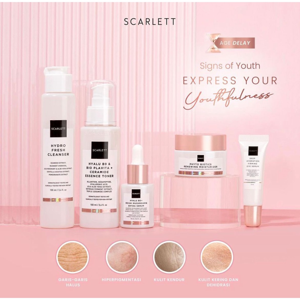 Scarlett Whitening Age Delay Anti Aging Skincare Deep Hydration Firming Eye Serum Phyto Biotics Renewing Moisturizer Hyalu B5 + Reishi Mushroom &amp; Bifida Serum Hyalu B9 + Bio Plavita &amp; Ceramide Essence Toner Fresh Cleanser