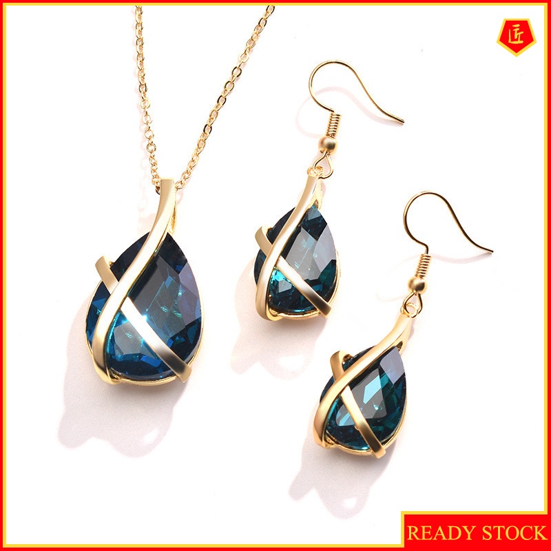 [Ready Stock]Personality Fashion Inlaid Peacock Blue Necklace and Earrings Suite