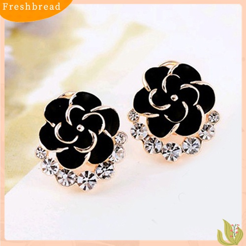 Fresh| Anting Tusuk Motif Bunga Peony / Camellia Bahan Alloy Hias Berlian Imitasi Untuk Wanita / Pesta