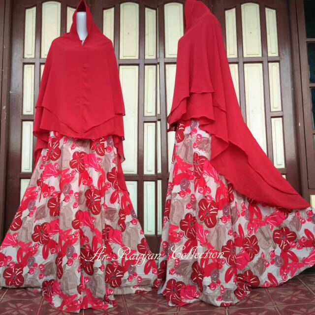(S/M LD 100 & L/XL LD 110) GAMIS SYARI MOTIF WINDA MAROON SET JILBAB CERUTI 2 LAYER / MAXI DRESS