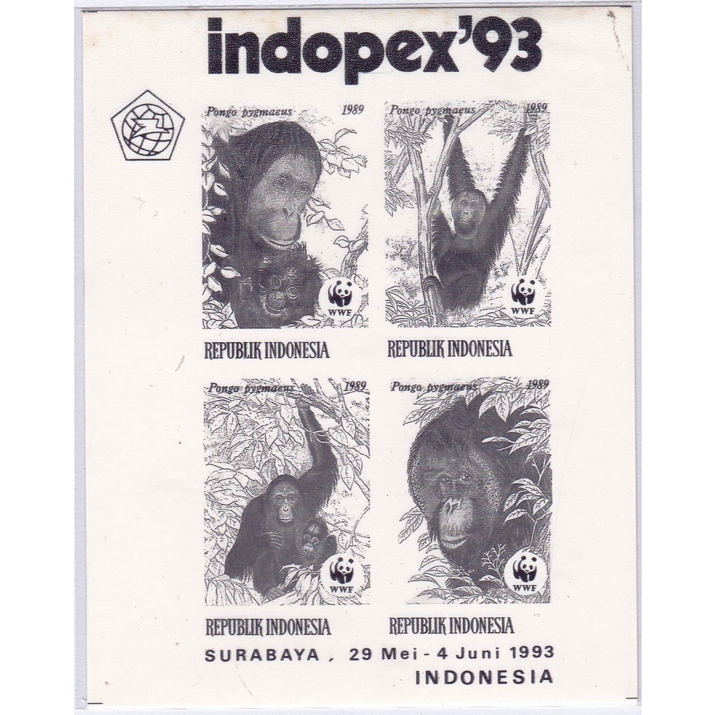 

Perangko Indonesia 1989 Orang Utan Souvenir Sheet Black & White MNH