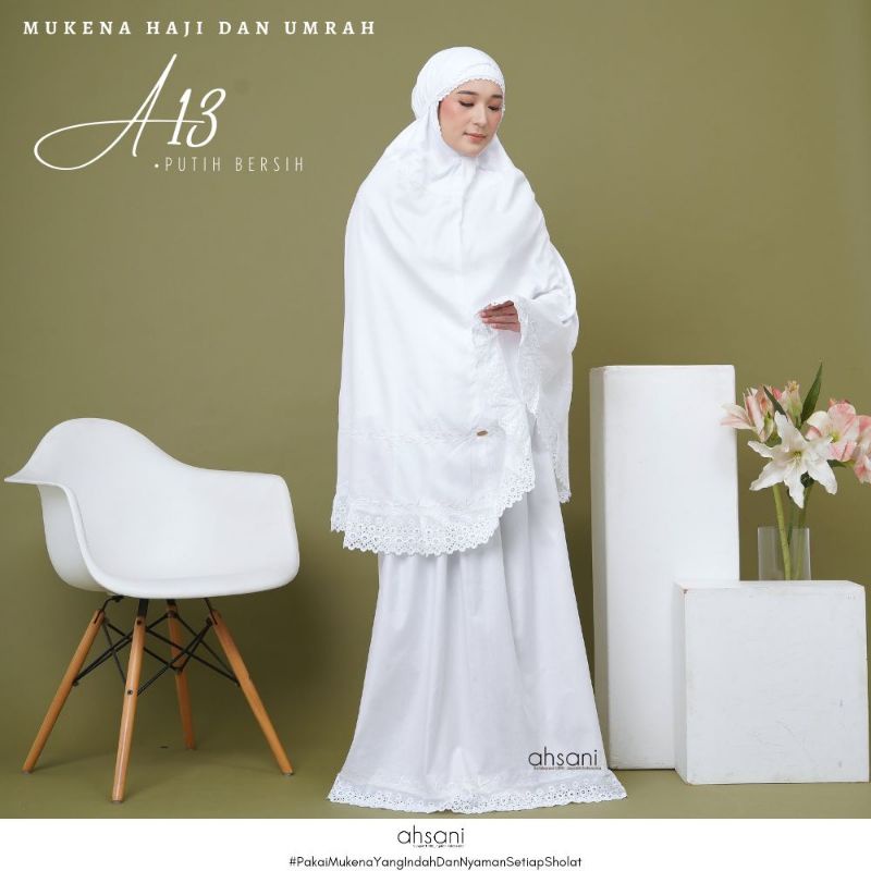 A13 MUKENA AHSANI KATUN PUTIH BERSIH MUKENAH UMROH HAJI PREMIUM PUTIH