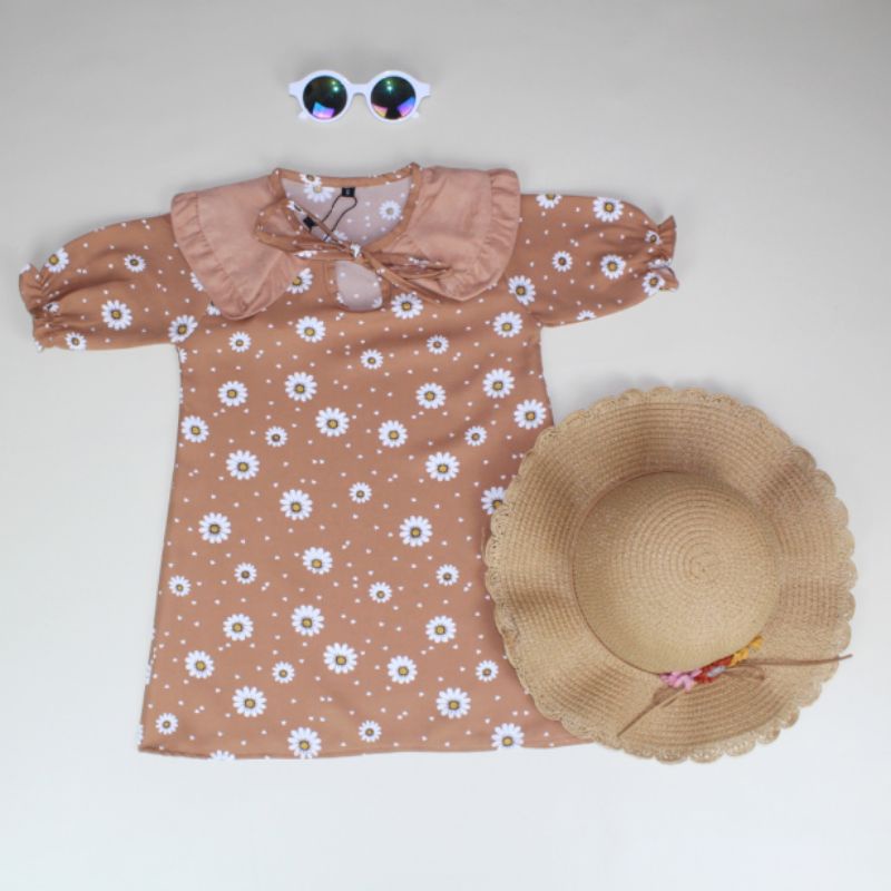 DAISY DRESS - Baju Setelan bunga motif kekinian Anak Bayi Baby Kids Cewek Perempuan syakila Lucu Murah 1 2 3 4-Brown