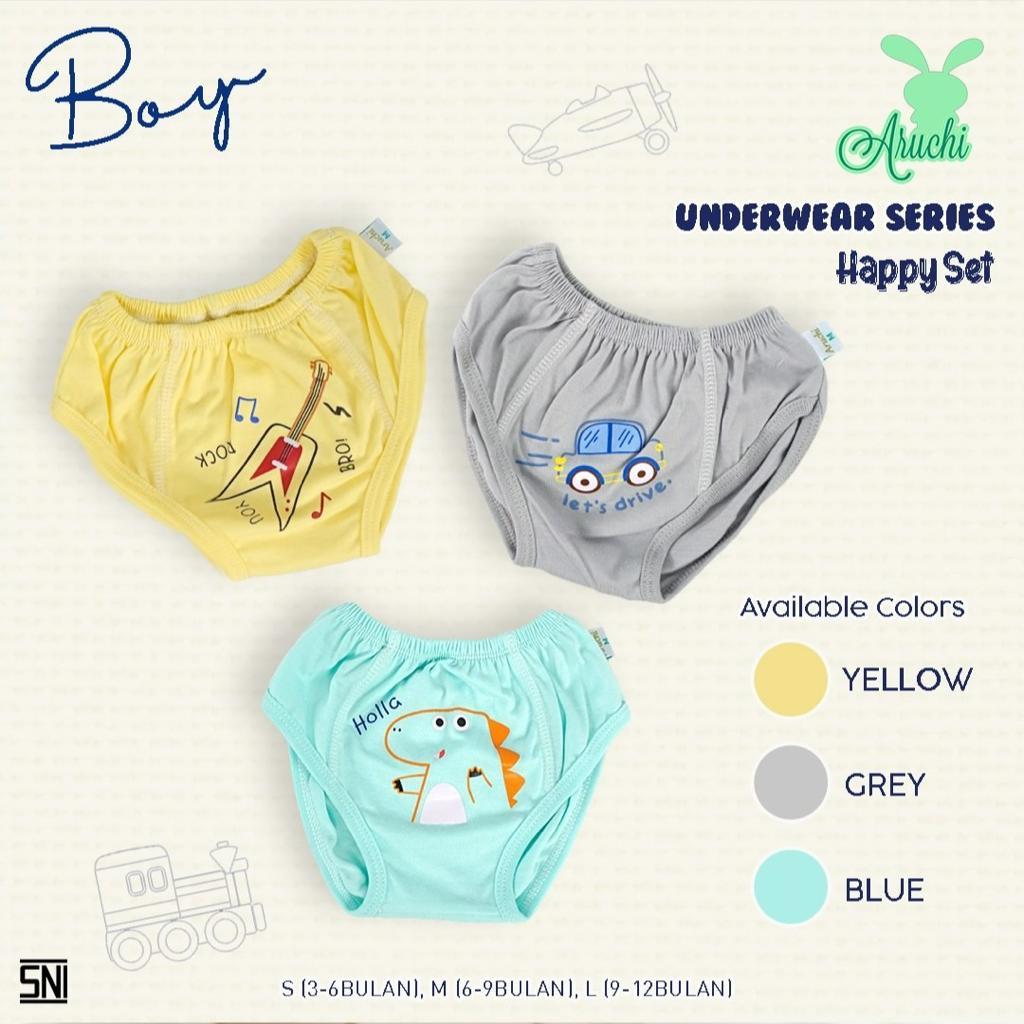 Celana Dalam Bayi CD Anak Aruchi Underwear Set isi 3 Pcs Happy Boy &amp; Girl 3-12 Bulan