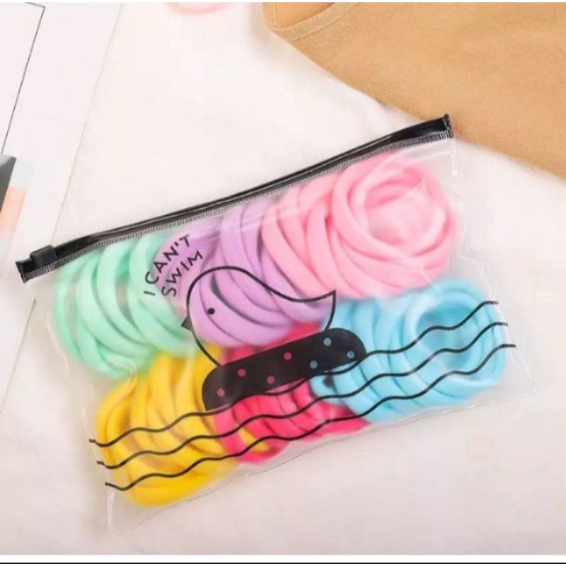 IKAT KARET RAMBUT KOREA DONUT ELASTIS RING BESAR DAN TEBAL ANTI KUSUT + POUCH