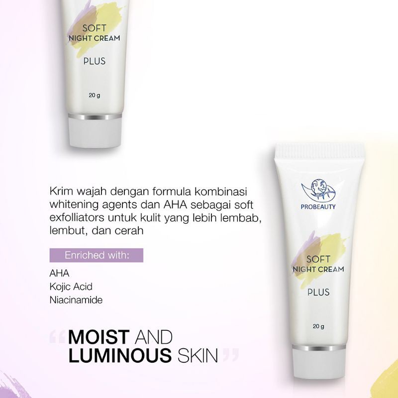 PROBEAUTY SOFT NIGHT CREAM PLUS tube 20gr (cream malam) // Whitening Boster