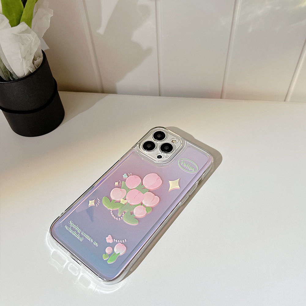 Case Pelindung Warna Pink Tulip Transparan Dengan Kartu Laser Untuk Iphone 11 8 7 Plus SE2 XS XR 12 13 Mini PRO MAX