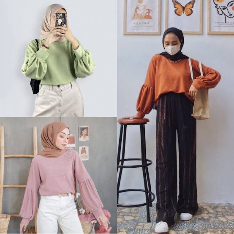 KAOS RIB LENGAN BALON / ATASAN WANITA / ATASAN KEKINIAN