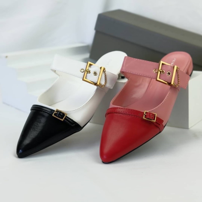 Sepatu Sendal Datar Teplek Wanita CK Flat Mules Belt Strap Premium Import Hitam Black Putih White Me