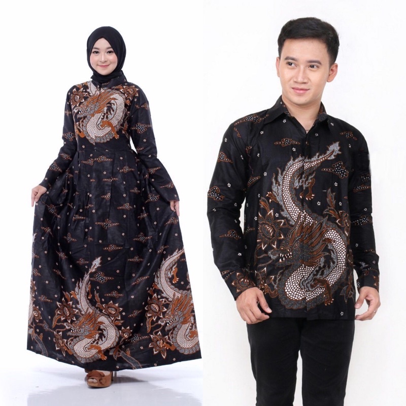 Batik Couple Gamis & Kemeja Lengan Panjang Motif Naga Manuk Hitam Katun Merah Coklat