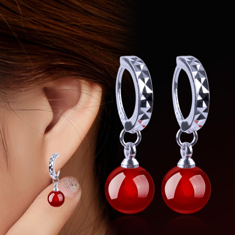 925 Sterling Perak Perempuan Anting-Anting Hitam dan Merah Batu Akik Putri Bola Anting-Anting Fashion Ornamen