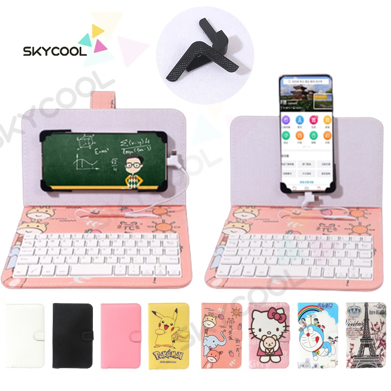 OTG Keyboard untuk Android Phone Holder PU Cover fit dari 6-8'' dengan Mouse Opsional Universal Tipe C dan Micro USB