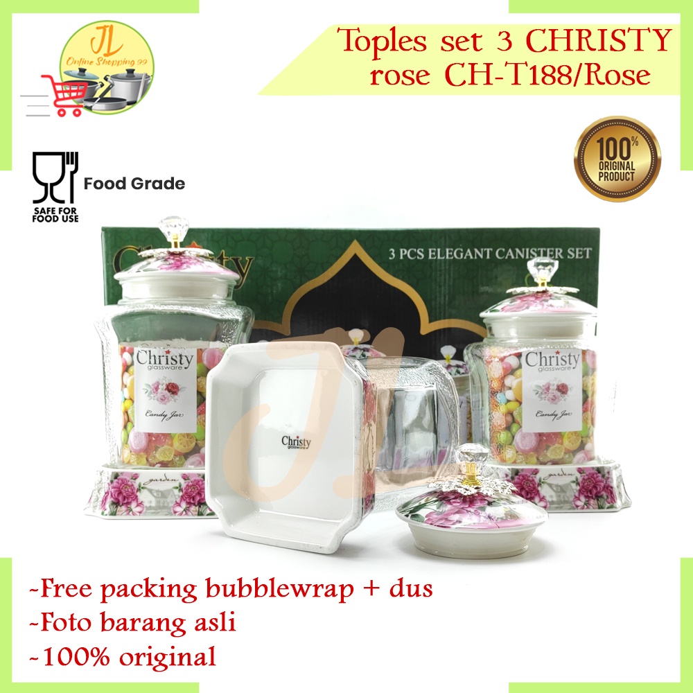 toples set 3 kaca motif Rose kue / tempat permen berkualitas CH-T188