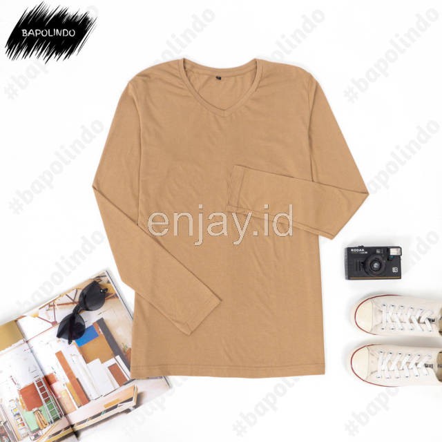 enjay.id - PREMIUM Kaos warna Mocca Cream oblong ANTI BAKTERI Leher V neck lengan panjang Original