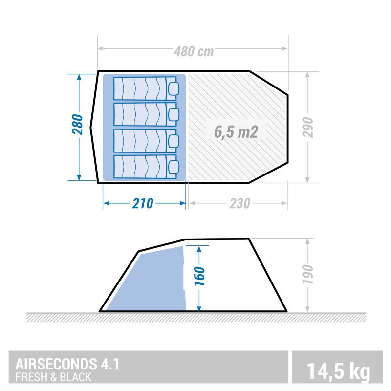 QUECHUA Air Second 4.1 XL Fresh &amp; Black Tenda Inflatable Untuk 4 Orang Original