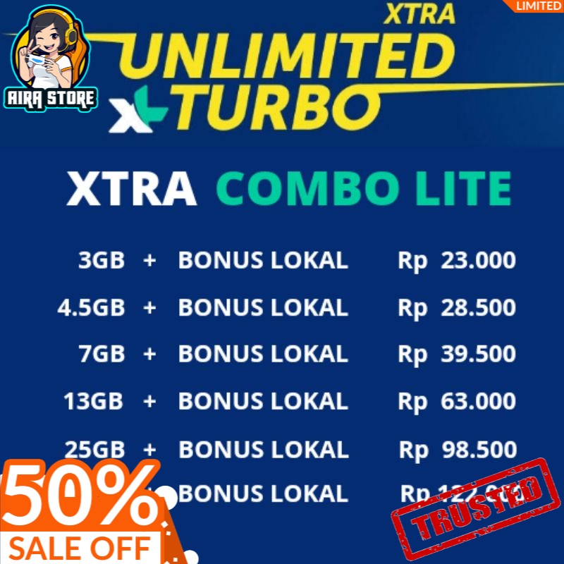 Paket Data Inject Kuota XL XTRA COMBO LITE 3GB 4.5GB 7GB 13GB 25GB 37GB UNLIMITED TURBO