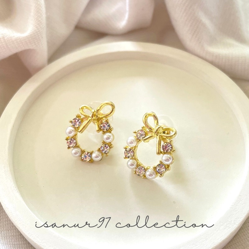 Ribbon Pearl Earring | Anting Mutiara Pita Kristal Anting Stud Mutiara