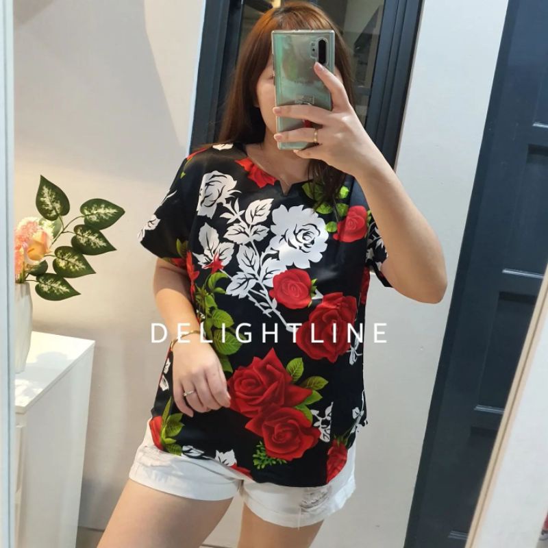 DELIGHTLINE LITTLE V NECK ALMOND TREE / VALENTINE FLOWER - CASUAL BLACKOUT BLOUSE TEBAL BASIC FLOWER-5