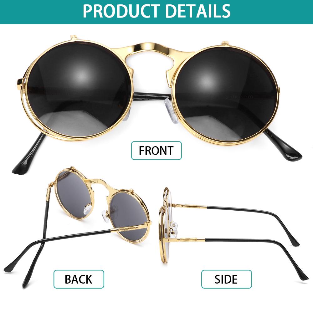 Lily Kacamata Hitam Flip-Up Kacamata Lingkaran Vintage Frame Metal Steampunk Sunglasses