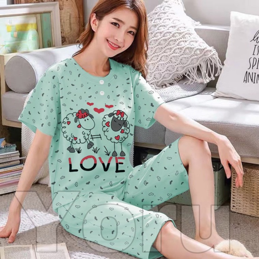 Pamelo.id Stelan C3/4 Baby Doll / Suplier Sleep Wear / Baju Tidur Wanita kaos Katun / Stelan Baju Tidur Murah Produk Terlaris Set HP-Domba Toska