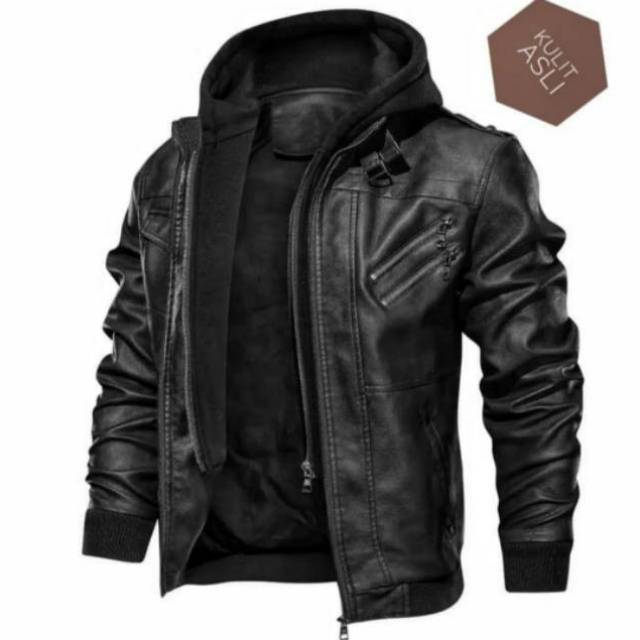 Jaket kulit hoddie pria / jaket kulit asli domba super /jaket kulit musim dingin /jaket kulit bikers