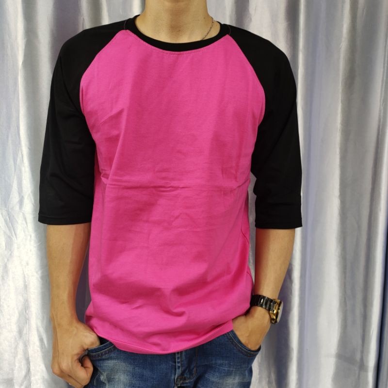 kaos polos reglan PINK-HITAM lengan 3/4 uk 20 22 S M L XL XXL