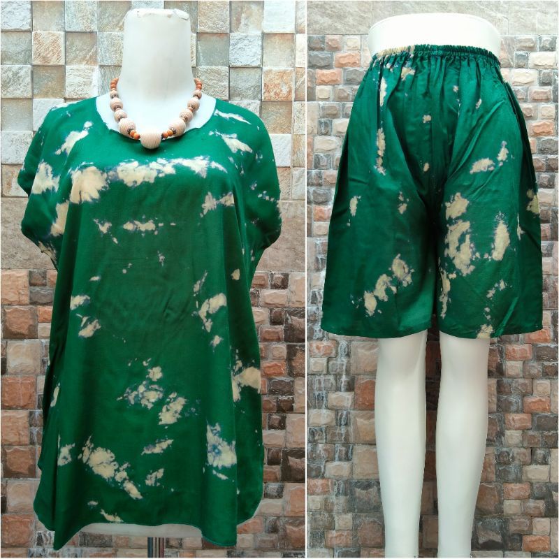 ONE SET TIE DYE SETELAN WANITA CELANA PENDEK RAYON XL BABYDOLL BALI KEKINIAN TIEDYE MOTIF KOPI-Td army