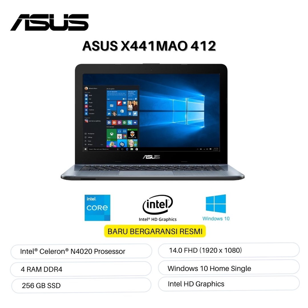 Asus X441MAO 412 INTEL N4020 RAM 4GB SSD 256 14INCI HD WIN 10 - SILVER
