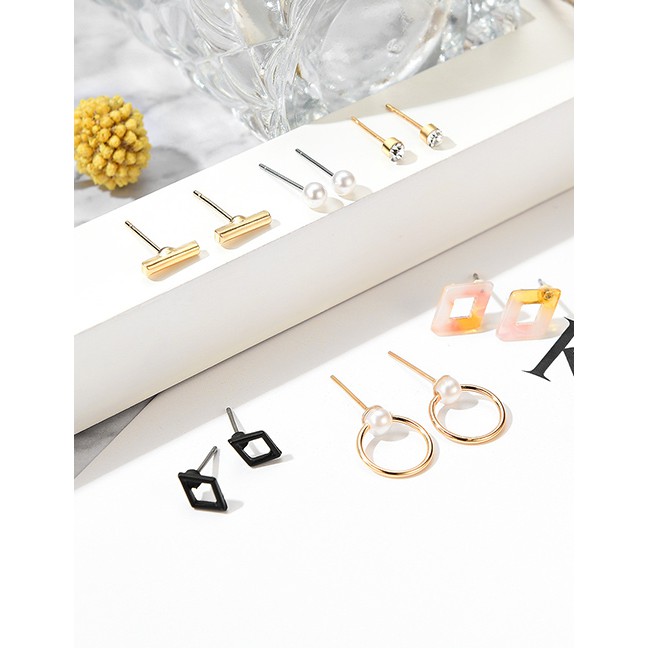 LRC Anting Set Fashion Gold Resin Diamond Studded Pearl Stud Earrings 6 Pairs F29783