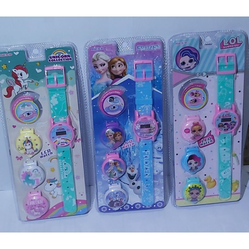 JAM TANGAN ANAK KARAKTER FROZEN-LOL-UNICORN GONTA GANTI KEPALA 3 IN 1 KUALITAS OKE