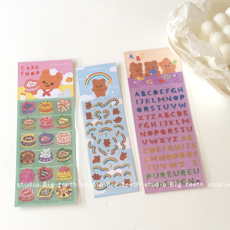 Cute bear rainbow ribbon letter cake laser sparkling sticker diy polaroid card chasing cuckoo card