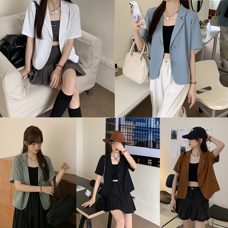 【bayar di tempat】Blazer lengan pendek Wanita Crop top Korean style Jaket Pendek Warna Polos