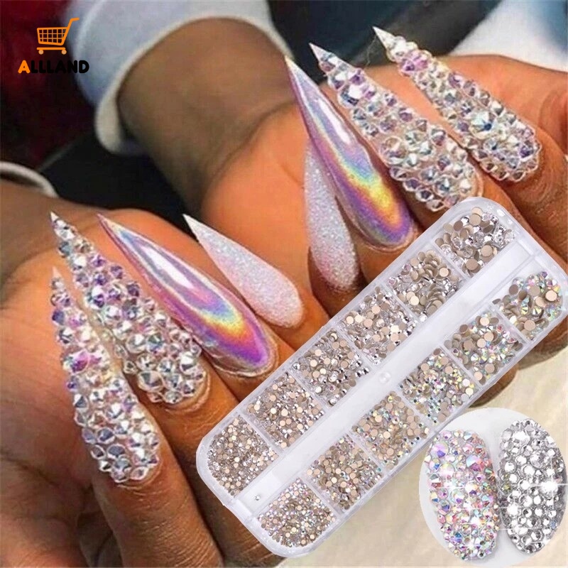 12 Grid / Set Ornamen Kristal Berlian Imitasi 3D Glitter Kaca Gem Sequins AB Untuk Dekorasi Nail Art