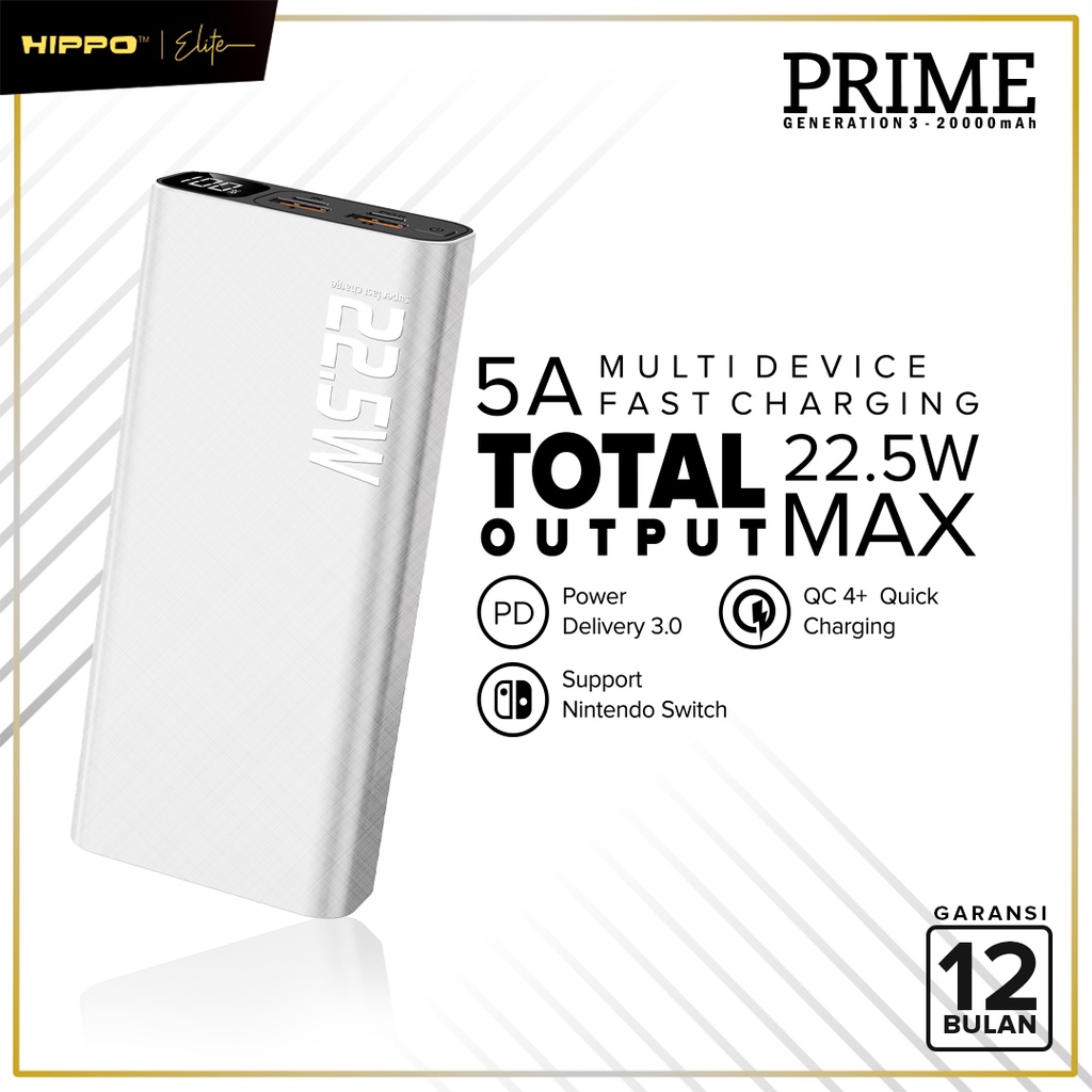 Hippo Elite PowerBank Prime Gen 3 PD 22.5W 20000mAh Quick Fast Charging Power Bank Type C Power Delivery QC Dual Port Output USB A USB C