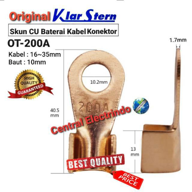 Skun Kabel CU KlarStern OT-200A Kabel 16~35mm Baut 10mm Baterai Kabel Konektor.