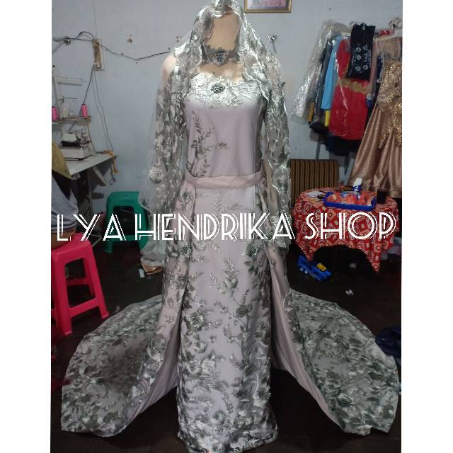 Gaun pengantin duyung ekor+jubah