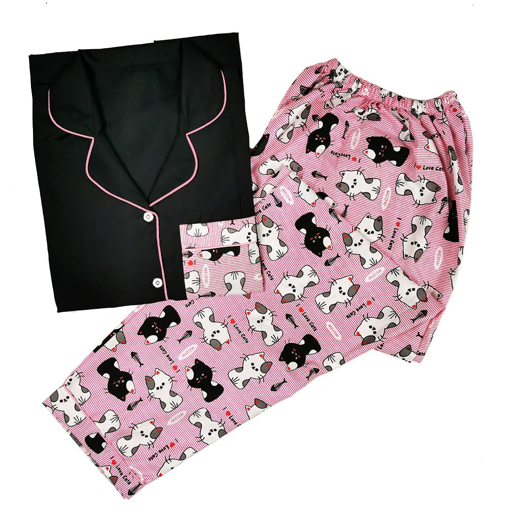 PIYAMA DEWASA JUMBO CP LD 120 cm big size lengan pendek celana panjang lucu-cat stripe pink 110