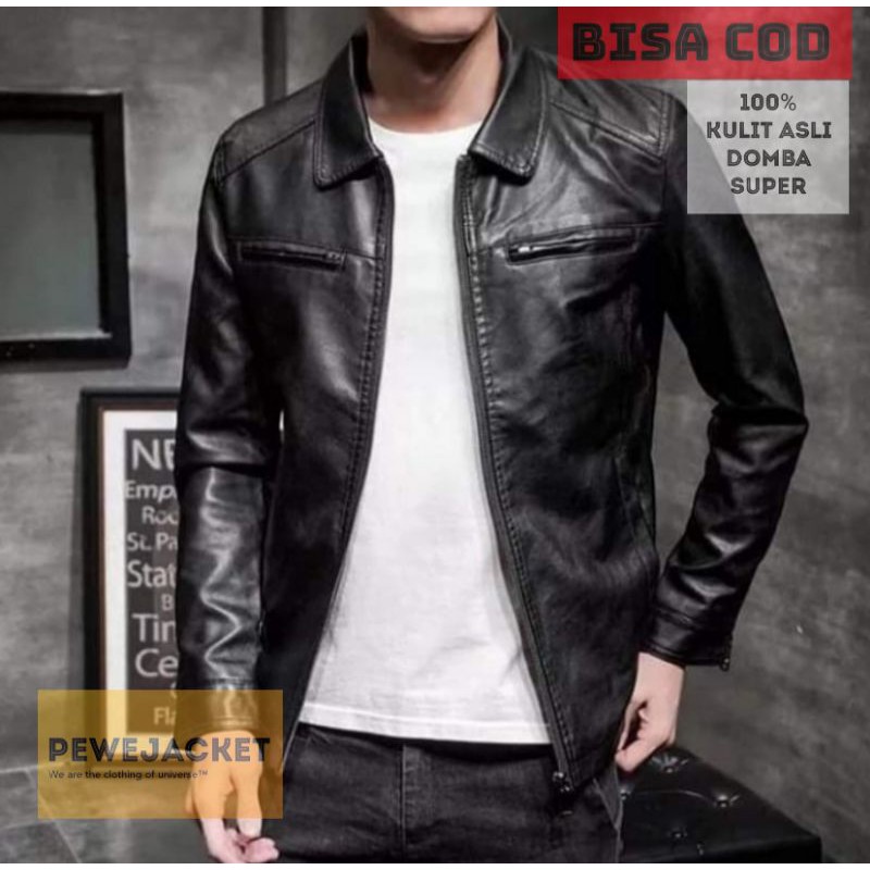 JAKET PRIA KULIT ASLI DOMBA SUPER WARNA HITAM MODEL KERAH DAUN